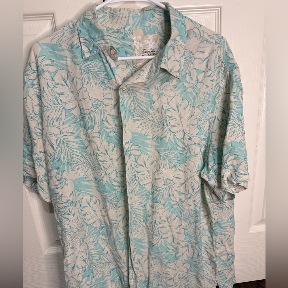 Tasso Elba Island Silk Linen Hawaiian Shirt L Mens Tropical Floral Resort Casual